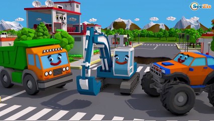 Caminhão curioso sem FREIO! Trabalhadores construções - Desenhos animados crianças
