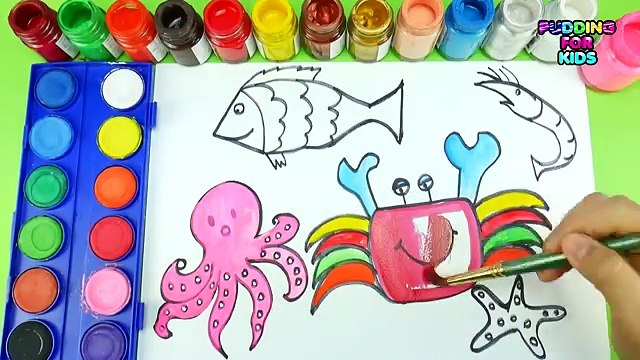 Drawing Animal Sea Fish Octopus Prawn Crab Learning Number Learning Colors Coloring Pages For Kids