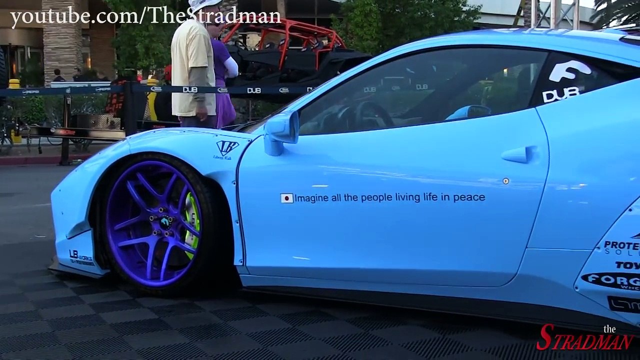 SEMA Rollout Compilation new!! Ferrari 458 Liberty Walk CRASH, FIRE revving Aventadors!