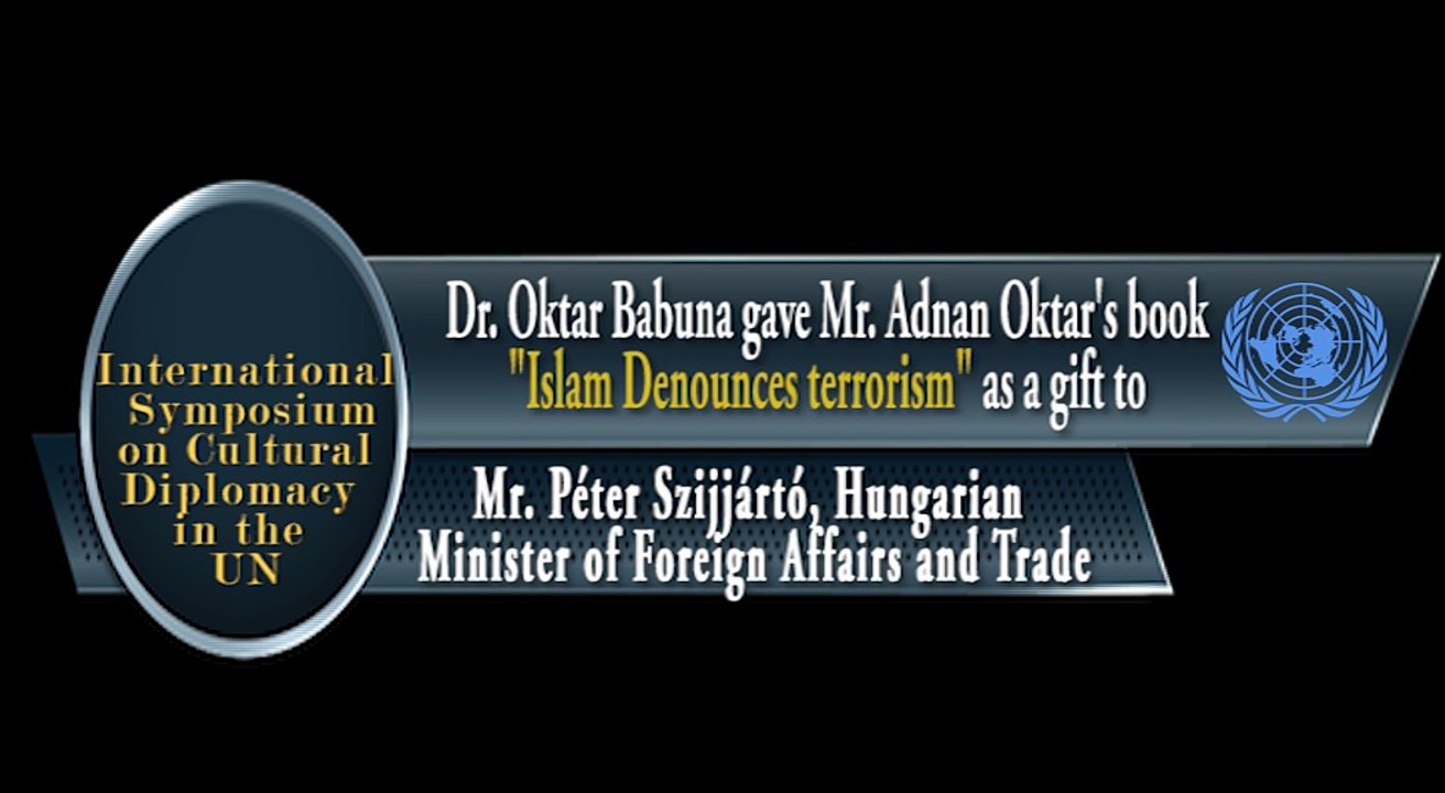 Dr. Oktar Babuna gave Mr. Adnan Oktar's book "Islam Denounces terrorism" as a gift to Mr. Péter Szijjártó, Hungarian Minister of Foreign Affairs and Trade