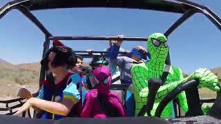 Superheroes Dancing in a car in 4k Off road w/ Frozen Elsa Green Spiderman Superman Snow White