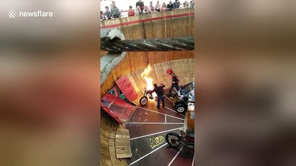 Motorbike catches fire on Wall of Death during Oktoberfest