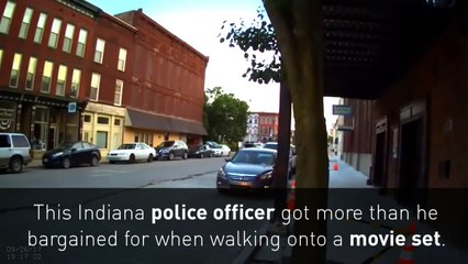Dramatic scenes as cop stumbles onto movie set