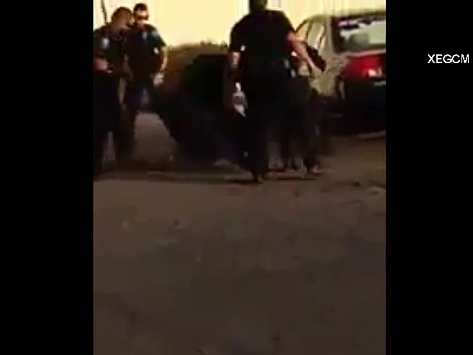 5 policias con toletes y un perro mordiendolo
