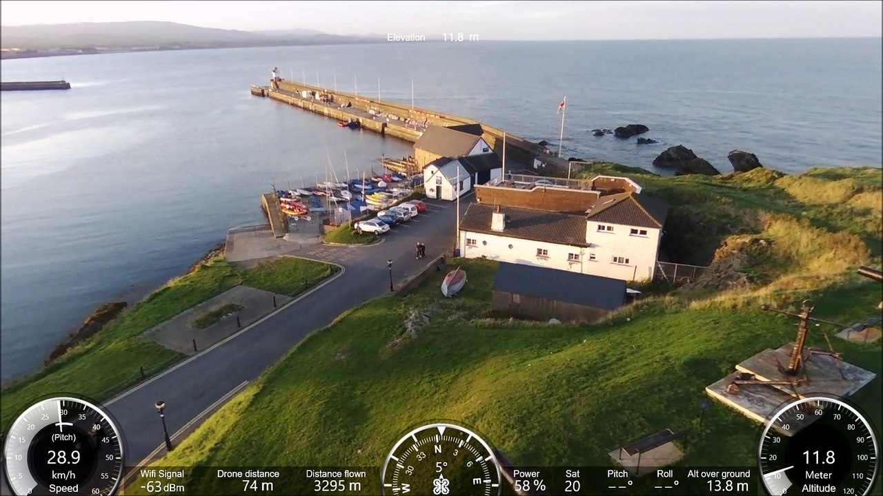 Drone footage of Wicklow harbour and coast with flight data shot with Bebop 2