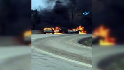 İki otomobil alev alev yandı, faciadan dönüldü: 8 yaralı