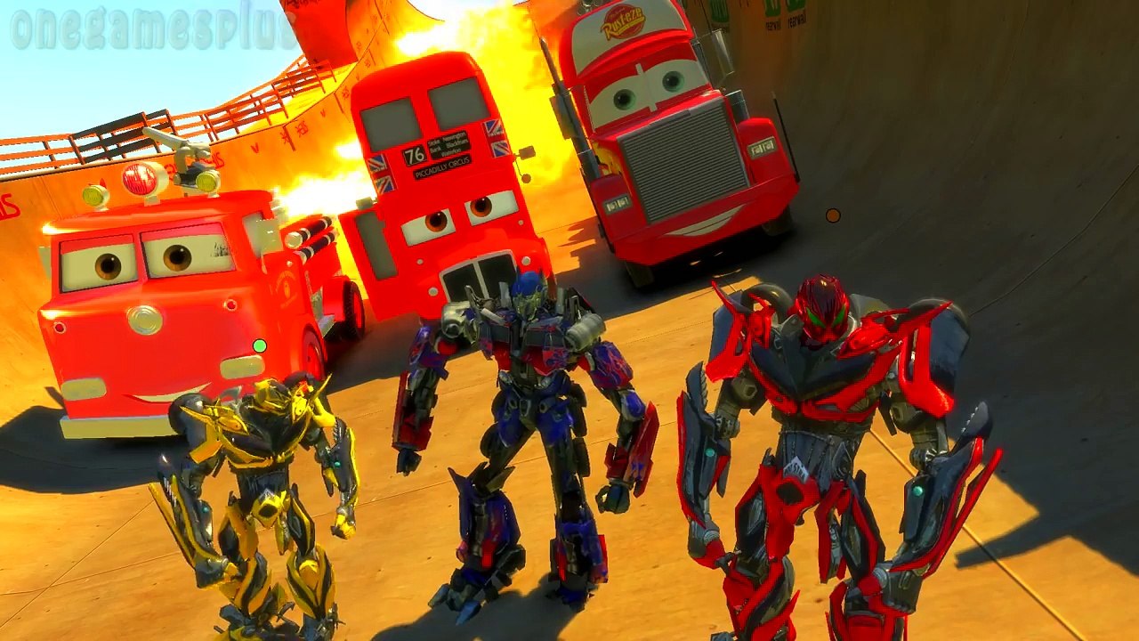 Disney cars Double Decker Bus Mack Truck Red Fire Truck Transformers Optimus Prime Stinger Bumblebee