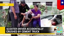 Caught on camera: scooter driver crushed to death  in car accident by cement truck