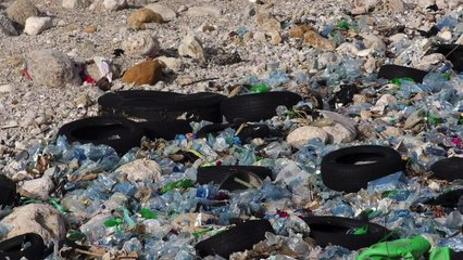 Liban: des déchets échouent sur une plage après une tempête