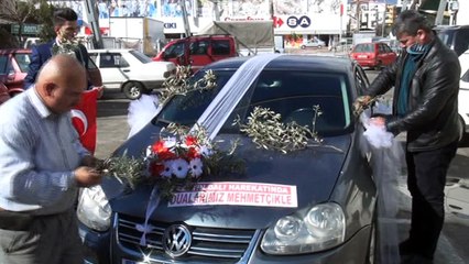 Düğün arabasını çiçek yerine zeytin dalı ile süslediler