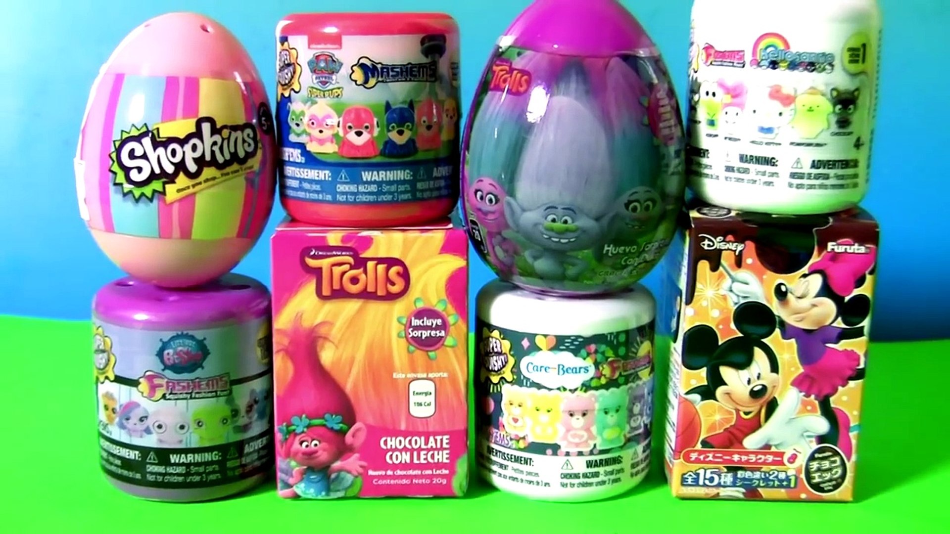 Choco Eggs Surprise TROLLS SHOPKINS Mickey Minnie SANRIO Fashems Care Bears