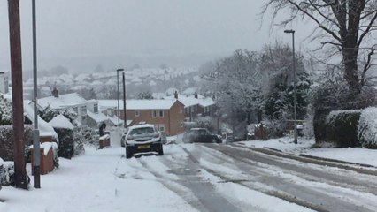 Damaged Mini struggling up scary snow hill in North Wales , 2017 - 2018 snowstorm