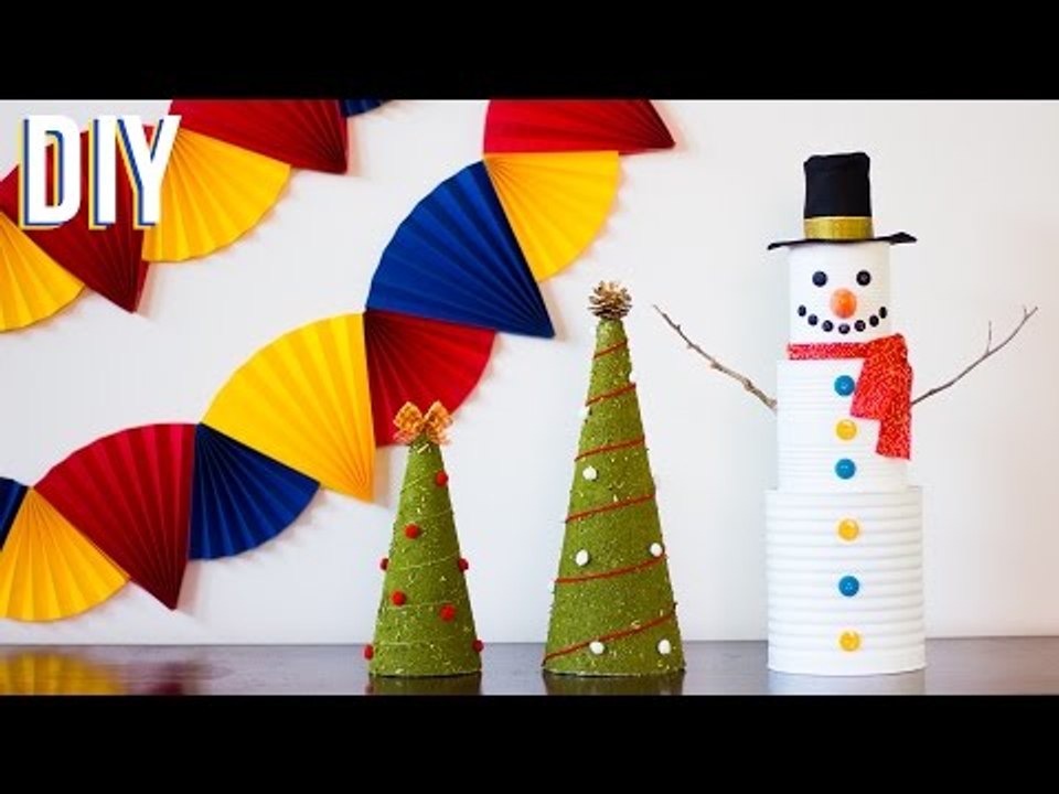  DIY - 3 ENFEITES DE NATAL PARA A SUA CASA  Boneco de lata, Mini Árvore e Leques