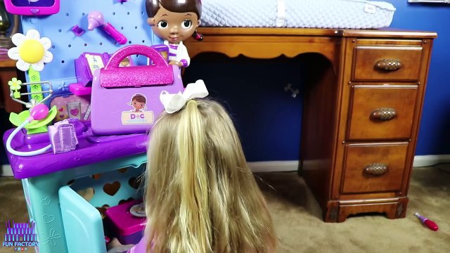 Real Life Baby Brother Checkup as Doc Mcstuffins & Giant Syringe Needle Shots W/ Play Doh Girl