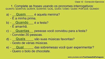 Clases de Portugués - Clase 12.2 - Ejercicios Pronombres Interrogativos - NIVEL BÁSICO A2