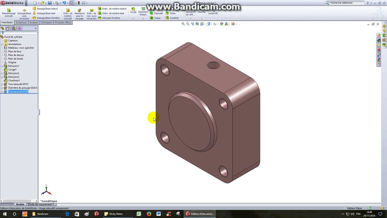 Vérin hydraulique-TP1-Fond de cylindre (modélisation volumique)