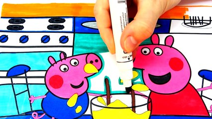 Peppa Pig Cooking on Kitchen Coloring Book Pages Video For Kids with Colored Markers