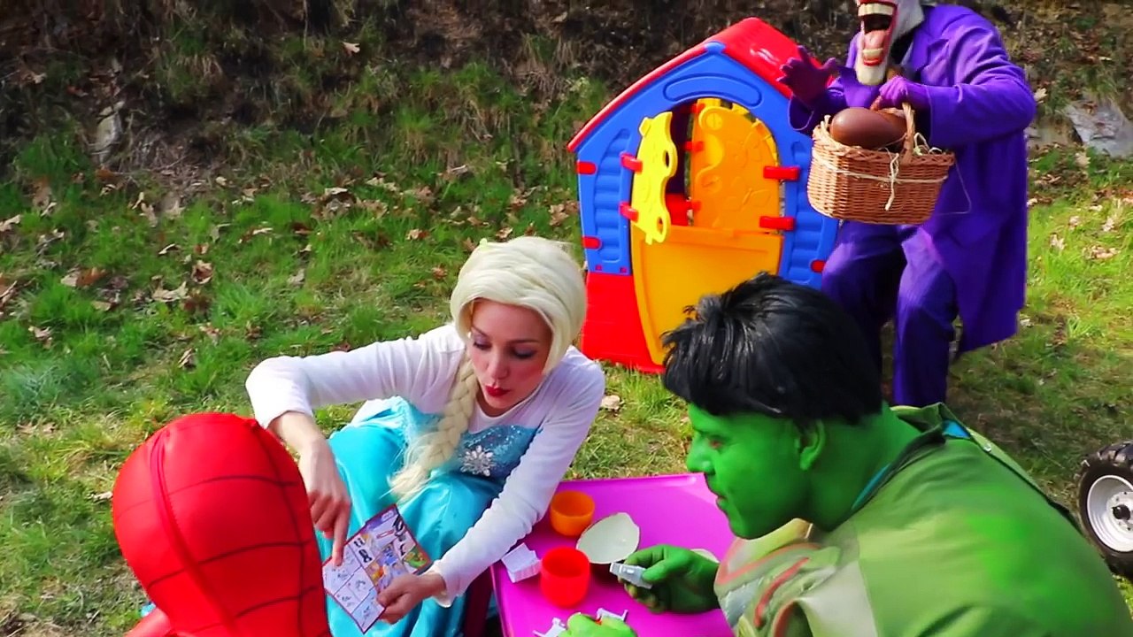 CAR CRUSHES KINDER CHOCOLATE EGGS vs sad Frozen Elsa! w/ thieft Joker & Spiderman Hulk Fun IRL