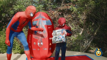 GIANT SPIDERMAN EGG SURPRISE TOYS OPENING with Batman vs Superman Challenge in fun Kids Video