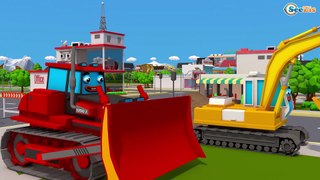 Red Bulldozer & Yellow Excavator digging in the Big City 3D Cartoon for Kids Cars & Trucks Stories