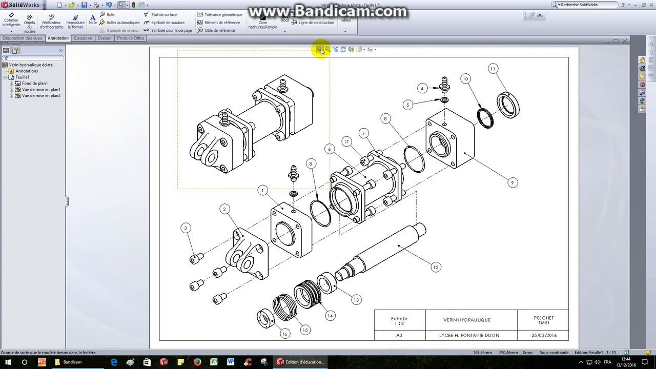 Vérin hydraulique-TP24-Vérin hydraulique (mise en plan) vue éclatée