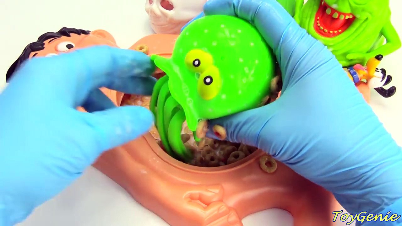 Cutting Open Mr Doh Cheerios Belly with Poo Slimer and Squishy Toys