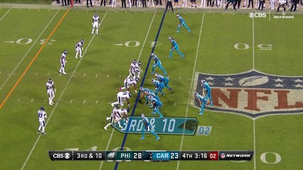 Philadelphia Eagles safety Jalen Mills easily picks off Carolina Panthers quarterback Cam Newton deep down the middle