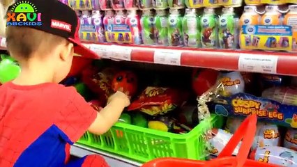 Kid Grocery Shopping Trip with spiderman Shopping Cart everyday Giant Surprise Eggs