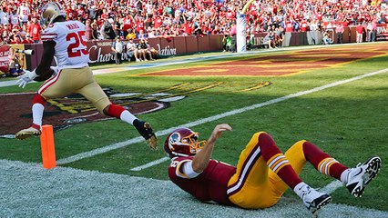 Jimmie Ward somehow takes this Vernon Davis fumble to 1-yard line