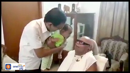 கொள்ளுப் பேரனுடன் கொஞ்சி மகிழும் கருணாநிதி | Oneindia Tamil