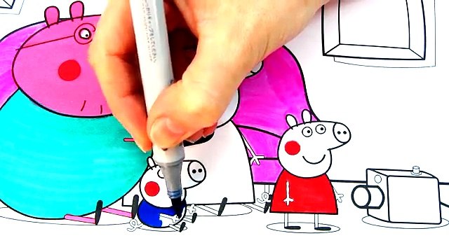 Peppa Pig Family Watching TV Coloring Book Pages Videos For Kids with Colored Markers
