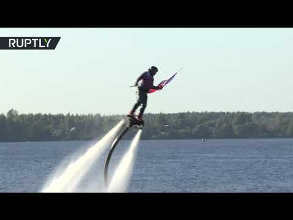 Take off above Volga: Flyboarders perform astonishing manoeuvres