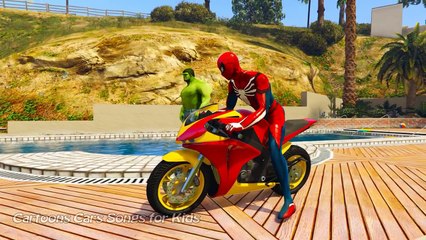 Hulk CRASH Into POOL on Motorbike! w/ Spiderman Superheroes Prank Cartoon for Kids