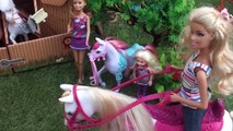 Elsa and Anna toddlers at the farm with Barbie, horses, water splash and relax and swimming pool fun