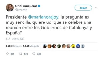 Junqueras a Rajoy: "¿Quiere reunión entre gobiernos de Cataluña y España?"