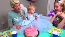 BABY ELSA Birthday Party!! Disney Princesses and Frozen Elsa w/ Spiderman vs Balloons & Giant Candy