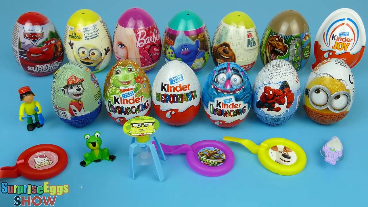 20 Surprise Eggs Cars SpongeBob Trolls Kinder Surprise Minions Pets TMNT Paw Patrol Hello Kitty Egg