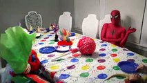 Spiderman and Frozen Elsa fight for chocolate fountain w/ Baby Elsa and dc comics stars in real life