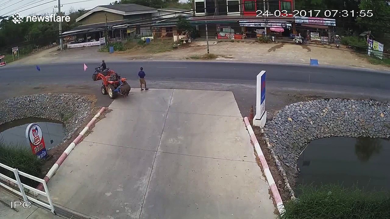 Farmer inches from death as motorbike crashes and skids towards him