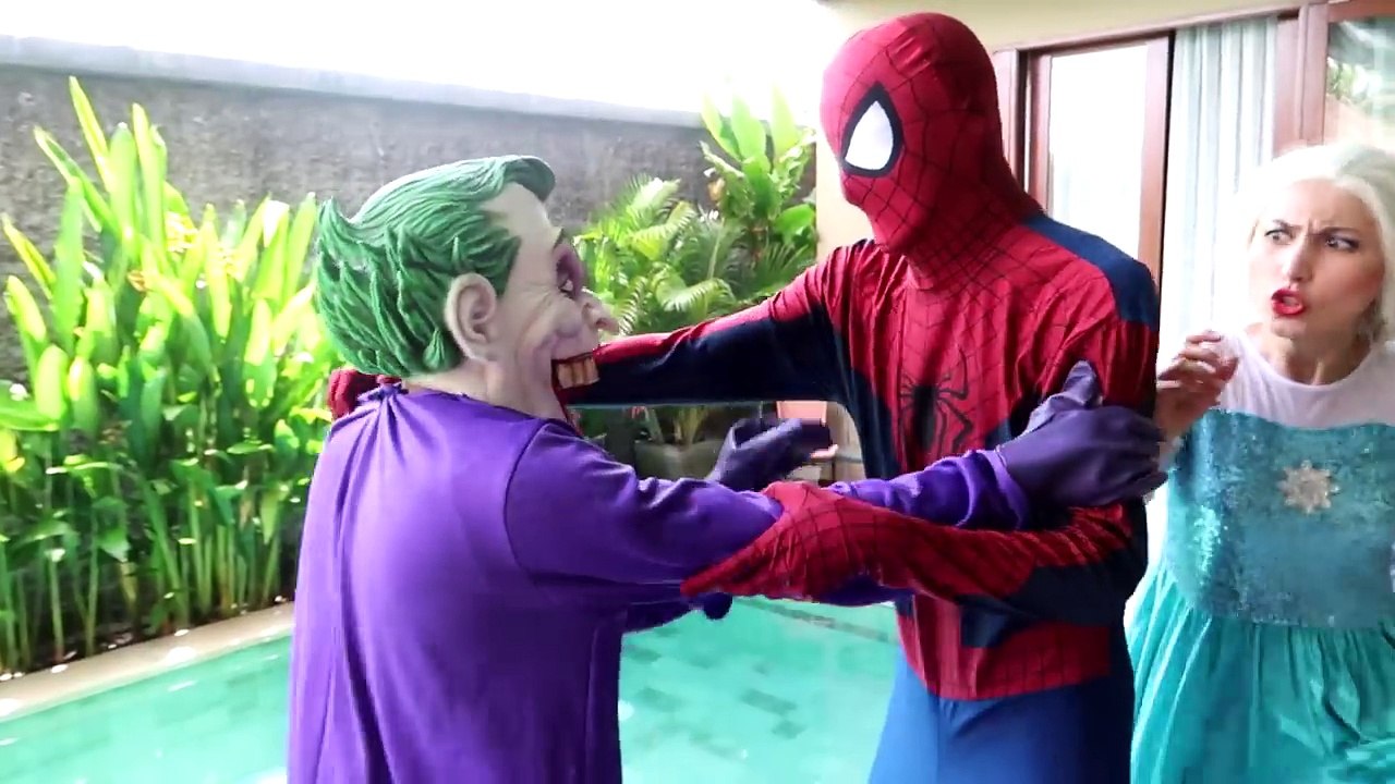 1.2..3. Frozen Elsa Joker DROP Spiderman SHARK POOL w Hulk Superhero Fun