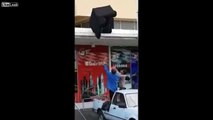 Falling chair knocks a guy out of the truck