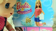 Baby Alive Opens Barbie Playset Unboxing! Barbie Puppy Really Splashes In Water!