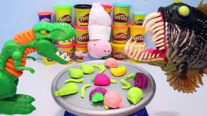 DINOSAURS + SHARKS Eat PLAY DOH FOOD Video at Peppa Pigs Restaurant Toypals.tv