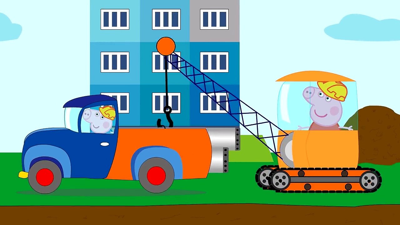 Peppa Pig and George at the construction site. Vehicles for Children