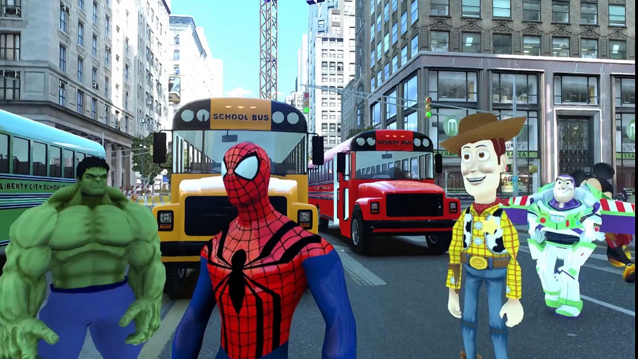 Wheels On The Bus Hulk Spiderman Sheriff Woody Mickey Mouse Buzz Lightyear | Nursery Rhymes