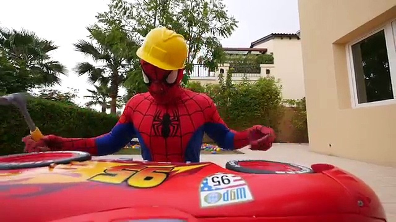 CAR CRUSHES BALLS vs JOKER w/ Hulk McQueen Cars Power Wheels & Spiderman in Real Life