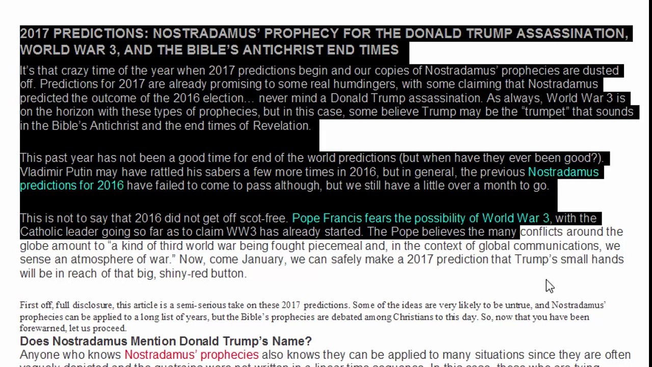 2017 PREDICTIONS of NOSTRADAMUS PROPHECY on DONALD TRUMP ASSASINATION