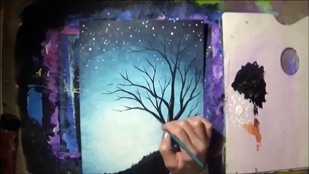 Blossoming Tree Acrylic Painting with Sponge Painted Background Tutorial