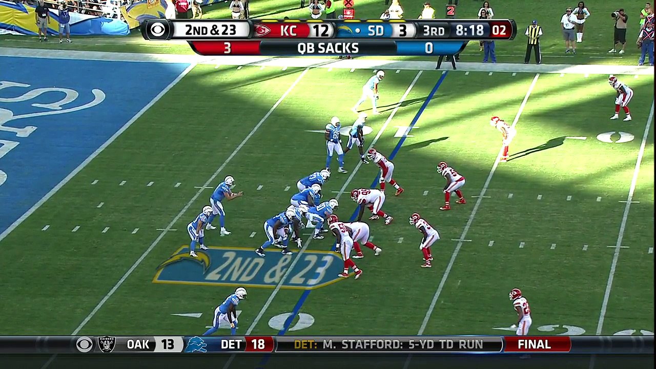 2015 - Chargers Philip Rivers throws his mouthpiece in the air after missing a pass to Antonio Gates