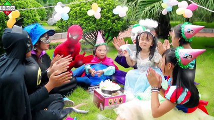 Frozen Elsa & Anna vs Spiderman Batman in party birthday Maleficent Joker Destroying